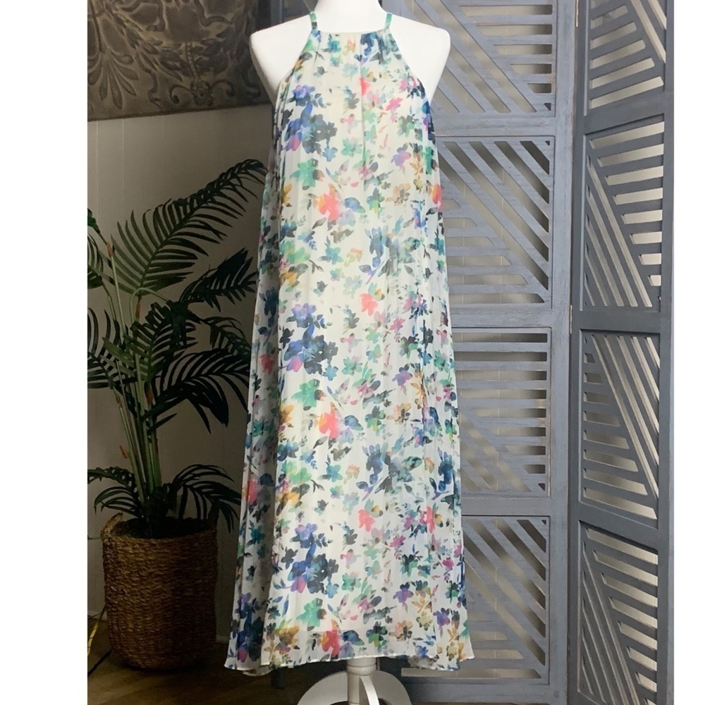 LIKELY Midi Dress 8 Chiffon Sheath Pleated Halter Floral Flowy Party Coquette - Picture 8 of 12